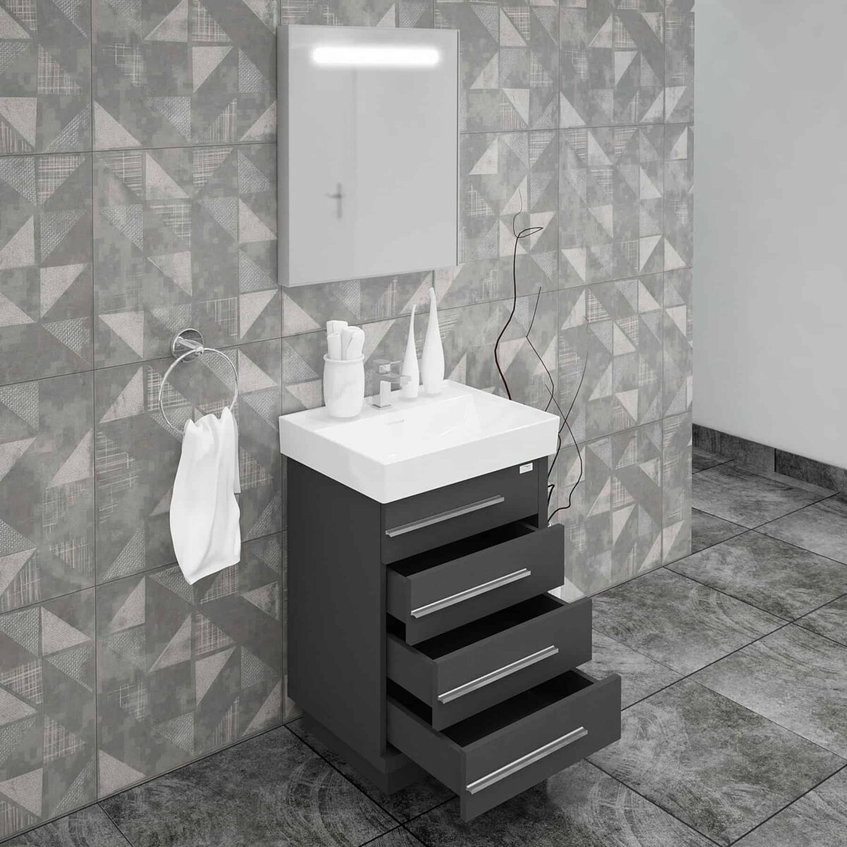 Domenico 32 Inch Wood Single Sink Bathroom Vanity with LED Mirror (Glossy Gray) - Image 2