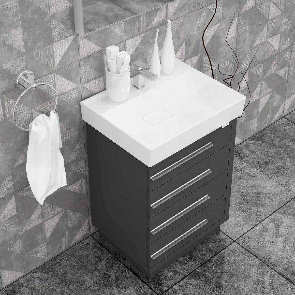 Domenico 32 Inch Wood Single Sink Bathroom Vanity with LED Mirror (Glossy Gray) - Image 4