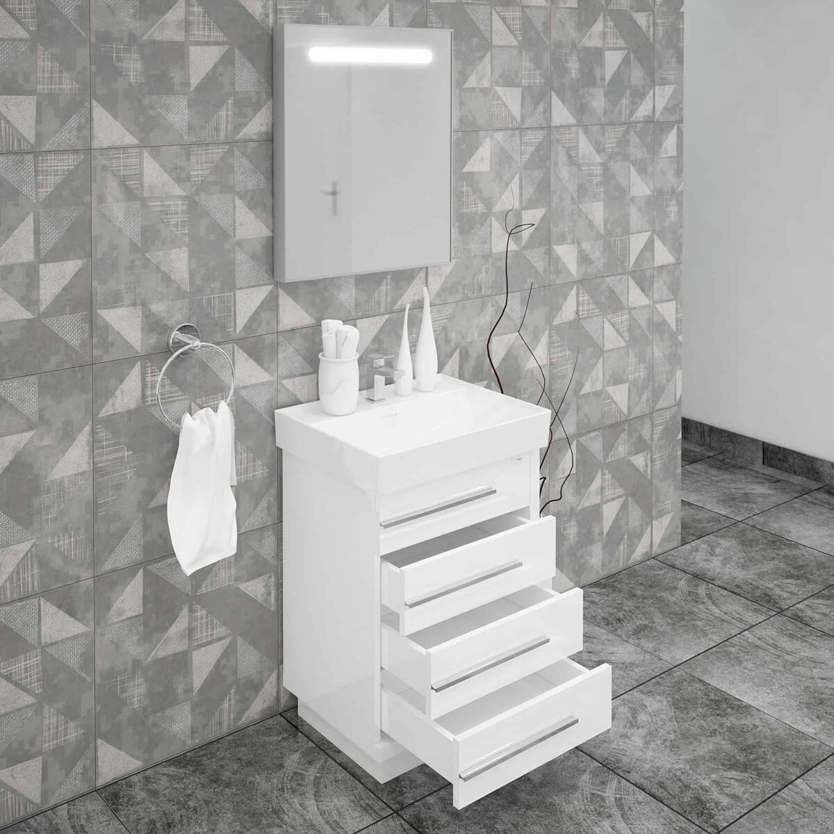 Domenico 32 Inch Wood Single Sink Bathroom Vanity with LED Mirror (Glossy White) - Image 2