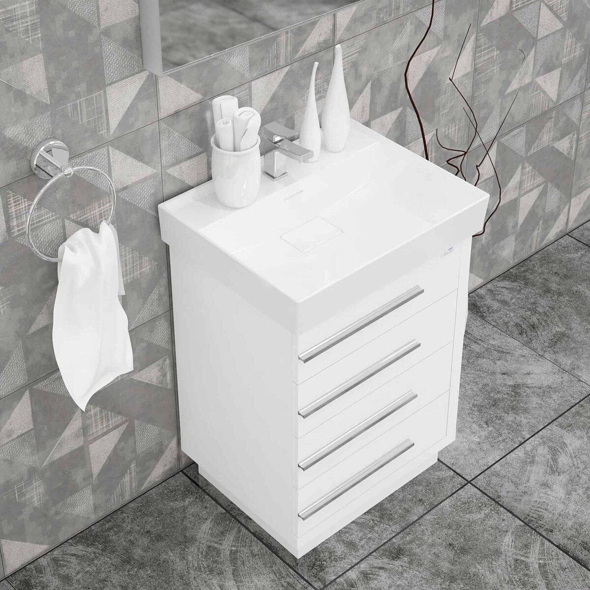 Domenico 32 Inch Wood Single Sink Bathroom Vanity with LED Mirror (Glossy White) - Image 4